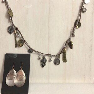 Long Charm Necklace & Teardrop Pierced Earrings Silver Gold